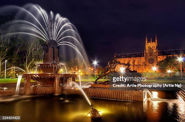 the night lights of hyde park & st mary's cathedral, sydney, australia - archibald fountain stock-fotos und bilder
