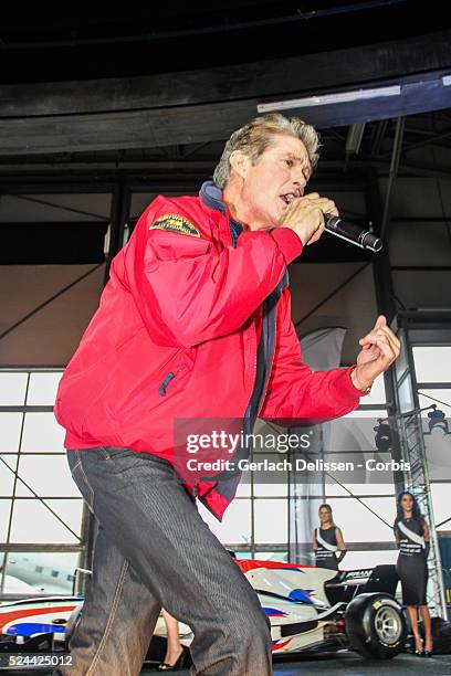 David Hasselhoff, "The Hoff" presenting the music event during the Acceleration 2014 Presentation, Theater Hangaar Valkenburg, The Netherlands,...