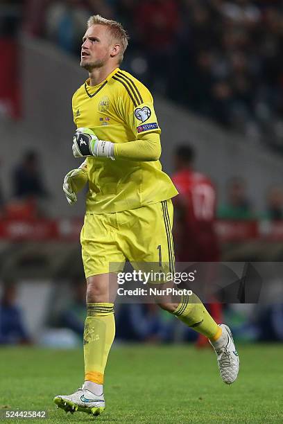 Denmark's goalkeeper Kasper Schmeichel during the UEFA EURO 2016 FRANCE, Qualifying Group I: Portugal vs Denmark at AXA Stadium in Portugal on...