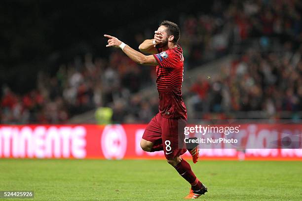 Portugal's midfielder Jo��o Moutinho celebrates after scoring a goal during the UEFA EURO 2016 FRANCE, Qualifying Group I: Portugal vs Denmark at AXA...