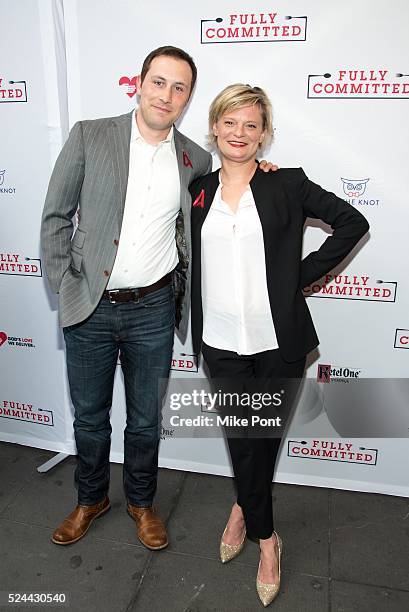 Martha Plimpton and guest attend the "Fully Committed" Broadway Opening Night at Lyceum Theatre on April 25, 2016 in New York City.