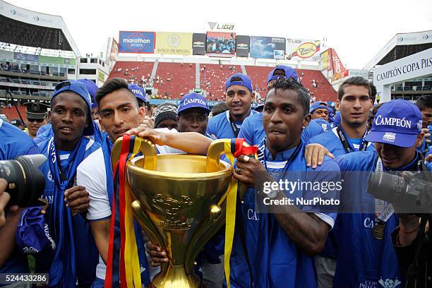 Ecuador's Emelec is the new champion of the 2015 Copa Pilsener , Emelec players celebrate their third title won , Emelec is champion for the third...