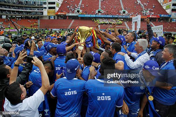 Ecuador's Emelec is the new champion of the 2015 Copa Pilsener , Emelec players celebrate their third title won , Emelec is champion for the third...