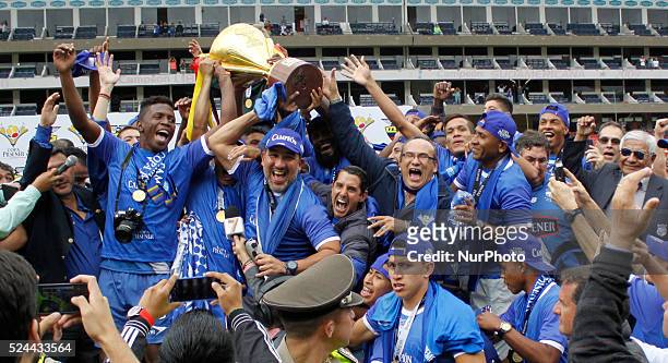 Ecuador's Emelec is the new champion of the 2015 Copa Pilsener , Emelec players celebrate their third title won , Emelec is champion for the third...