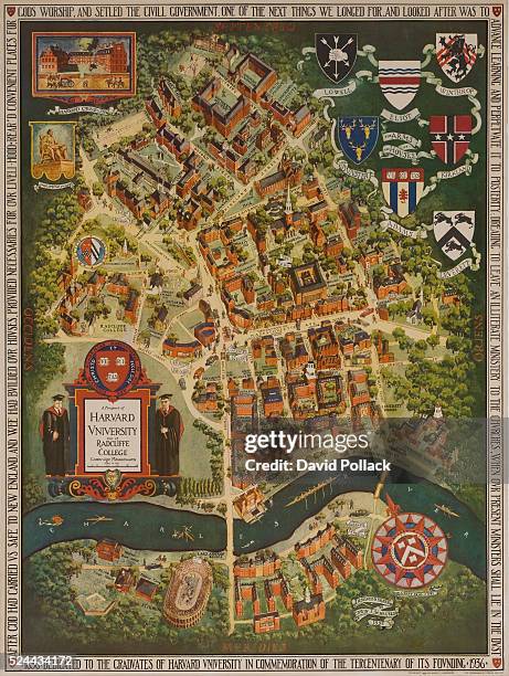 Commemorative map of Harvard campus with historical notes and information