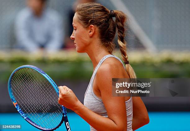 Serbian tennis player Bojana Jovanovski celebrates after winning his match against Spanish tennis player Sara Sorribes during the Madrid WTA Masters...