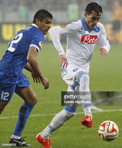 O Matos of Dnipro vies for the ball with Jos�� Callej��n of Napoli during the UEFA Europa League, semi-final, second leg, soccer match between Dnipro...