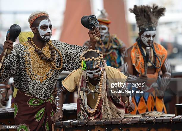 Hlanganani, a marimba band from the township of Langa, performs at V &amp; A Waterfront in Cape Town, South Africa. 23 November 2014. Photo credit:...