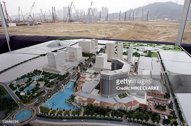 Overview shows a model of the Cotai Strip - Asia's Las Vegas with the actual development underway in the background at the unveiling of the first...