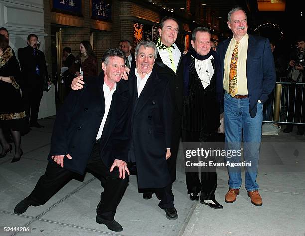 The original members of Monty Python Michael Palin, Terry Jones, Eric Idle, Terry Gilliam and John Cleese attend the opening night of "Monty Python's...