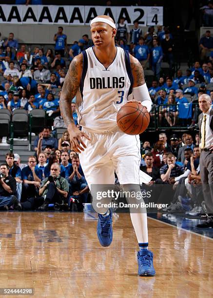 Charlie Villanueva of the Dallas Mavericks dribbles the ball up court in Game Three of the Western Conference Quarterfinals against the Oklahoma City...