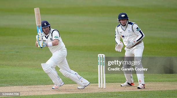 Ian Bell of Warwickshire bats watched by Yorkshire wicketkeeper Jonathan Bairstow during day three of the Specsavers County Championship Division One...