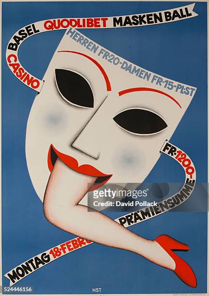 Poster illustrated by Niklaus Stoecklin, art deco image of mask and leg