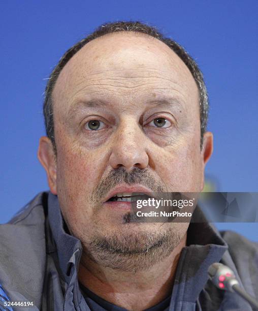 Napoli head coach Rafael Benitez answer questions of journalists during a press conference in Kiev, Ukraine, 13 May 2015. Napoli will face Dnipro in...