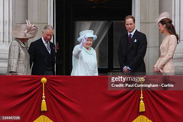 Queen Elizabeth II and the Royal family Prince Charles, William & Harry, with The Duchess of Cambridge and Camilla, appear on the balcony of...
