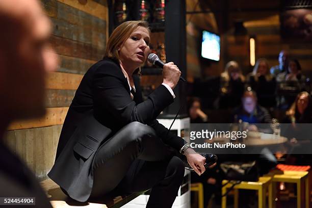 Zipi Livni, co-leader of the Zionist Union party and former justice minister and Hatnuah party leader, speaks to supporters during an elections...