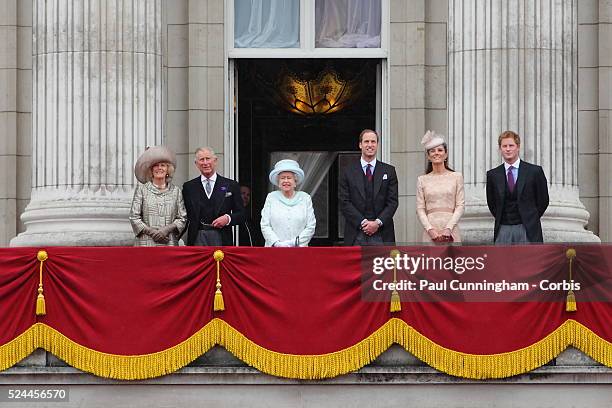 Queen Elizabeth II and the Royal family appear on the balcony of Buckingham Palace to commemorate the 60th anniversary of the accession of the Queen,...