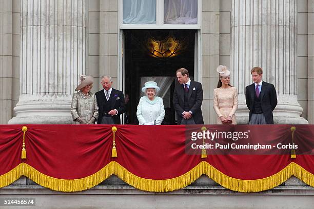 Queen Elizabeth II and the Royal family appear on the balcony of Buckingham Palace to commemorate the 60th anniversary of the accession of the Queen,...