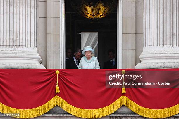 Queen Elizabeth II and the Royal family appear on the balcony of Buckingham Palace to commemorate the 60th anniversary of the accession of the Queen,...