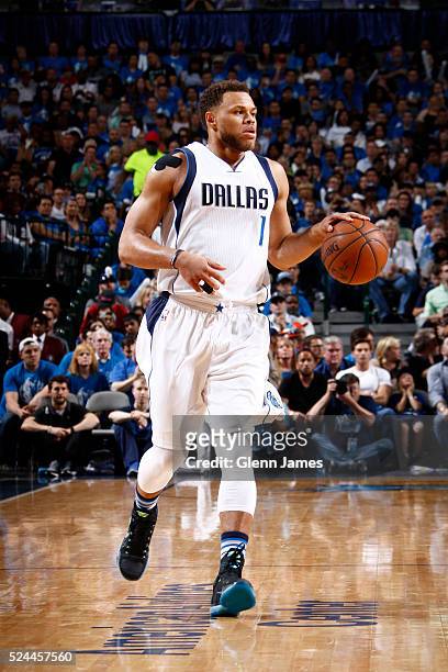 Justin Anderson of the Dallas Mavericks dribbles the ball in Game Three of the Western Conference Quarterfinals against the Oklahoma City Thunder...