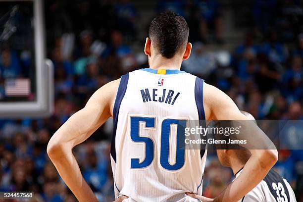 Close up shot of Salah Mejri of the Dallas Mavericks in Game Three of the Western Conference Quarterfinals against the Oklahoma City Thunder during...
