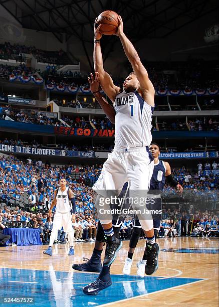 Justin Anderson of the Dallas Mavericks drives to the basket in Game Three of the Western Conference Quarterfinals against the Oklahoma City Thunder...