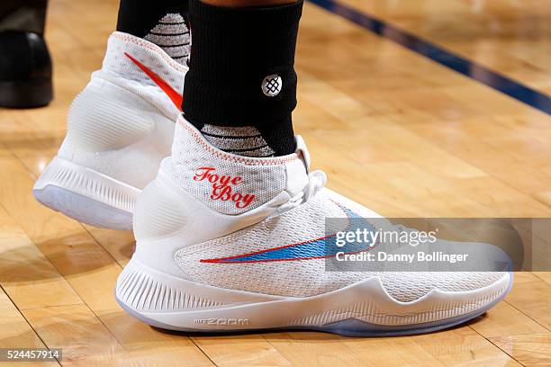 The shoes of Randy Foye of the Oklahoma City Thunder in Game Three of the Western Conference Quarterfinals against the Dallas Mavericks during the...