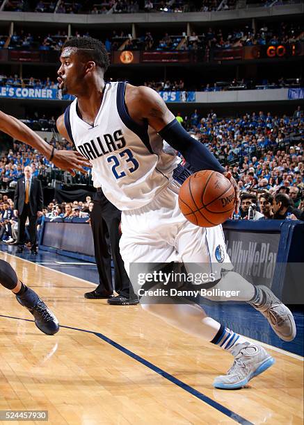 Wesley Matthews of the Dallas Mavericks dribbles the ball in Game Three of the Western Conference Quarterfinals against the Oklahoma City Thunder...