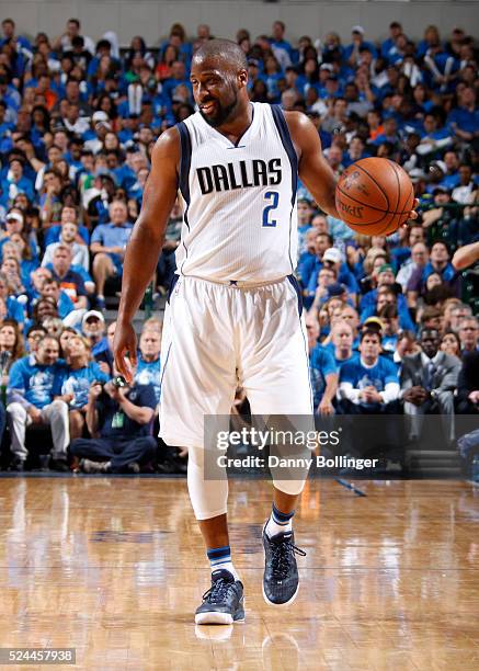 Raymond Felton of the Dallas Mavericks dribbles the ball in Game Three of the Western Conference Quarterfinals against the Oklahoma City Thunder...