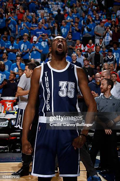 Close up shot of Kevin Durant of the Oklahoma City Thunder yelling before Game Three of the Western Conference Quarterfinals against the Dallas...