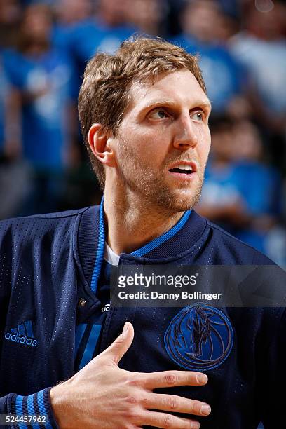 Close up shot of Dirk Nowitzki of the Dallas Mavericks before Game Three of the Western Conference Quarterfinals against the Oklahoma City Thunder...