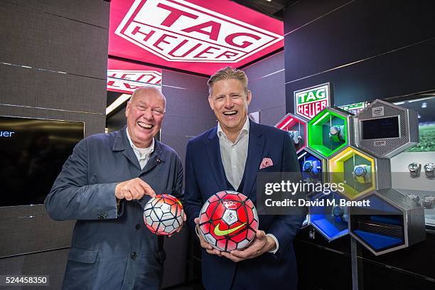 Jean-Claude Biver and Peter Schmeichel announce TAG Heuer as the Official Timekeeper of The Premier League on April 26, 2016 in London, England.