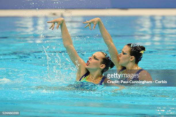 The Duets Team from Hungary CZEKUS Eszter and KISS Szofi during the Free Routine of the Fina Synchronised Swimming event at the Aquatic Centre London...