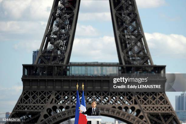 France's incumbent president and Union for a Popular Movement party candidate for the French 2012 presidential election Nicolas Sarkozy delivers a...