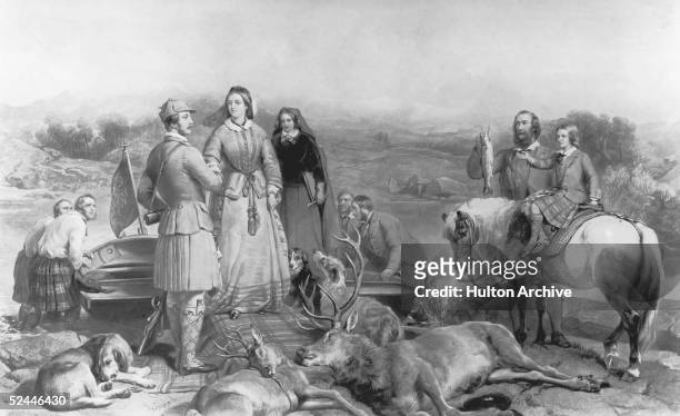 Queen Victoria and her family enjoy the pleasures of the outdoor life in Scotland, circa 1850. Prince Albert helps the Queen out of a fishing boat,...
