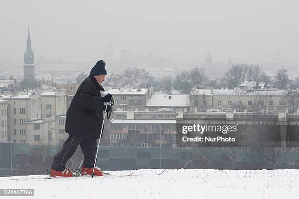 Local ma is skiing neart the Krakus Mound in Krakow. The polllution in Krakow reached today a record-high levels of 494 ��g/m3 between 1 and 2pm, a...