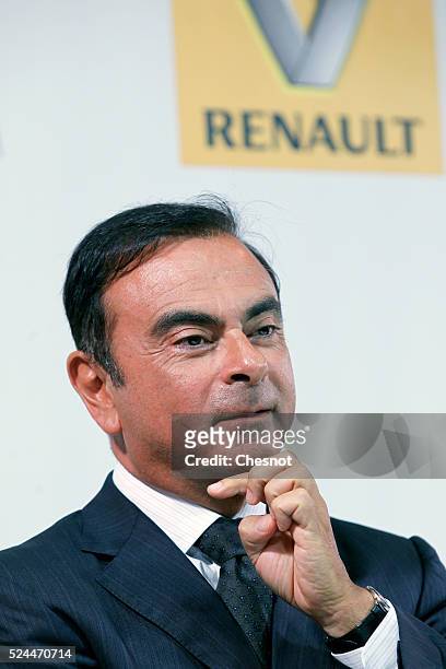 The CEO of French carmaker Renault, Carlos Ghosn, and French industrial group Bollore head Vincent Bollore give a press conference at the Atelier...