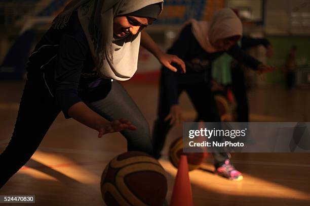 Palestinian girls basketball training exercise in Gaza City as part of an initiative to empower young girls. In Gaza City on September 7 aged between...