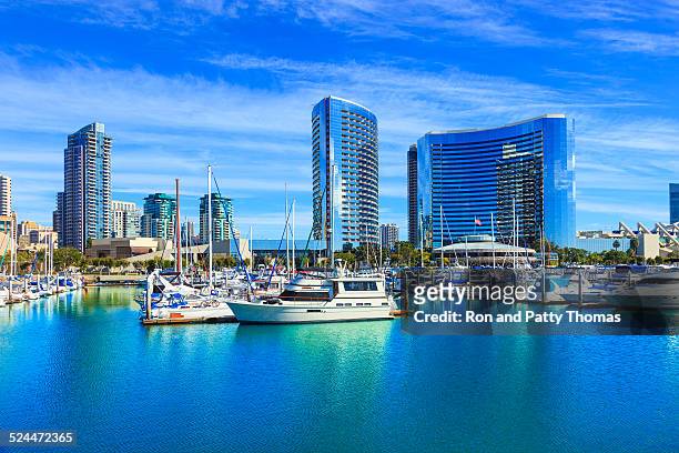 skyscrapers of san diego skyline waterfront and harbor, ca - san diego stock pictures, royalty-free photos & images