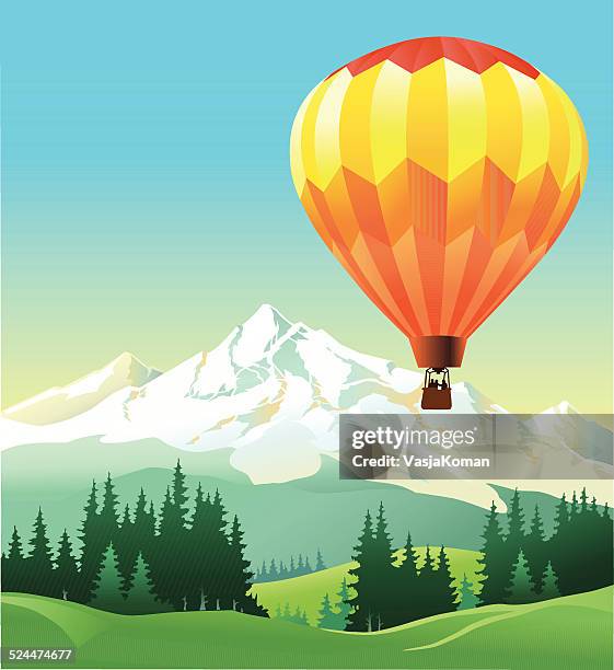 heißluftballon fliegt über die berge - heissluftballon stock-grafiken, -clipart, -cartoons und -symbole