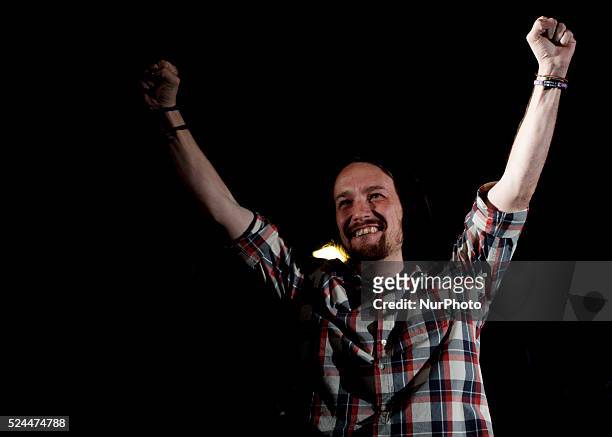 Anti-austerity party Podemos' leader Pablo Iglesias during his speech in Madrid on May 24, 2015. Spain's &quot;Indignado&quot; protest movement gave...