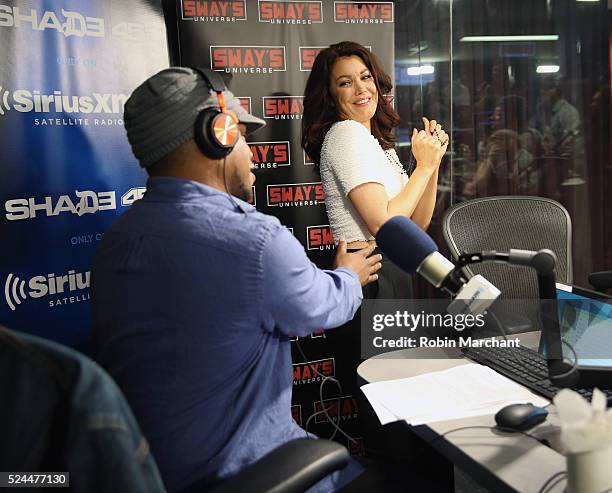 Bellamy Young visits 'Sway in the Morning' with Sway Calloway at SiriusXM Studio on April 26, 2016 in New York City.