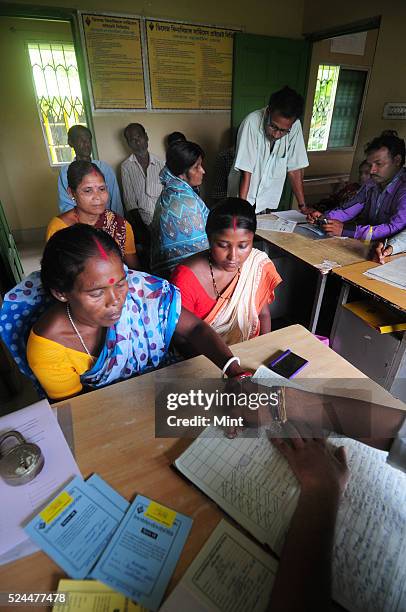 Women members of Village Financial Services Pvt Ltd, which is joint liability group for sustainable development, gather to complete formalities of...
