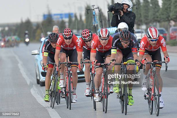 Riders from Lotto Soudal team with Andre Greipel lead the breakaway group during the third stage of the 52nd Presidential Tour of Turkey 2016,...