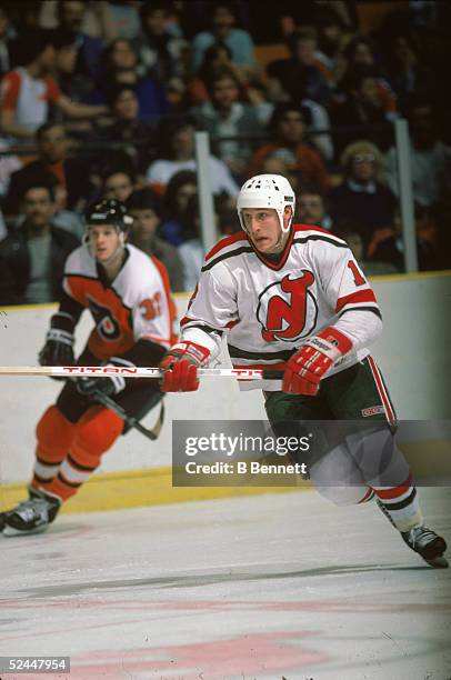 Canadian professional hockey player Pat Verbeek of the New Jersey Devils plays in a home game against the Philadephia Flyers, March 1985.