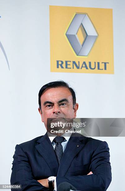 The CEO of French carmaker Renault, Carlos Ghosn, and French industrial group Bollore head Vincent Bollore give a press conference at the Atelier...