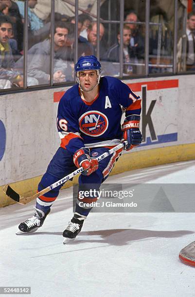 American professional hockey player Pat LaFontaine of the New York Islanders plays in a road game at Madison Square Garden, New York, New York, 1992.