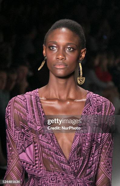 Model for designer fashion show Lilly Sarti the second day of Sao Paulo Fashion Week Summer 2016 in Candido Portinari Park in west region of S��o...