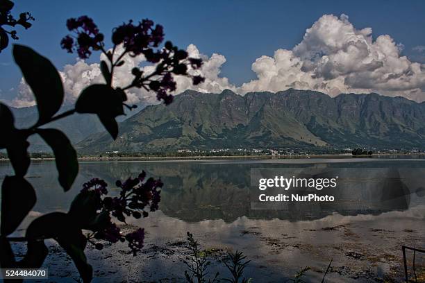 Zabarvan mountains are reflected in on the waters of Dal lake on September 04, 2015 in Srinagar, the summer capital of Indian controlled Kashmir,...