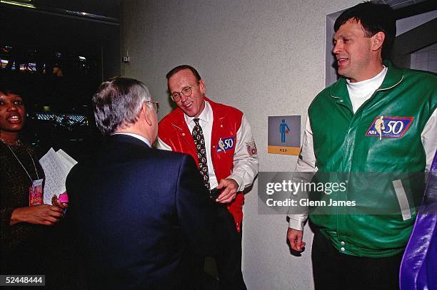 Former Boston Celtics great Kevin McHale and Billy Cunningham speaks with Commissioner David Stern as the NBA celebrates the naming of the 50...